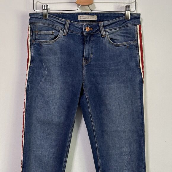 Zara Basic Distressed Jeans 8 Raw Cuff Cropped Red Tuxedo Stripe Stretch Skinny - Picture 3 of 10
